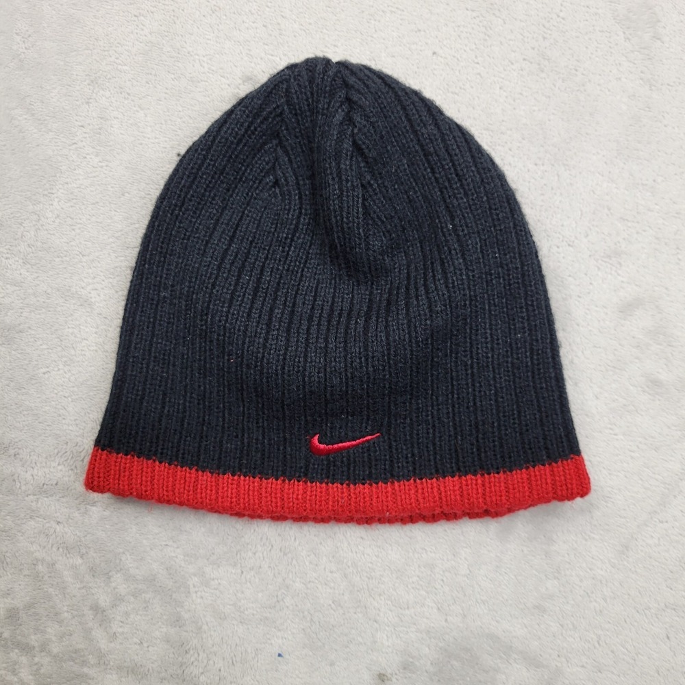 Nike Hat Kids Boys Girls Beanie Cap Winter Cold Stretch Pull On Swoosh Black Red - Picture 1 of 3